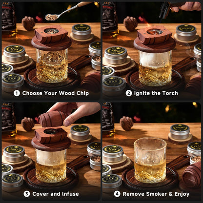 Whiskey Smoker Kit with Torch Wood Chip Flavors Glasses Ice Molds Set