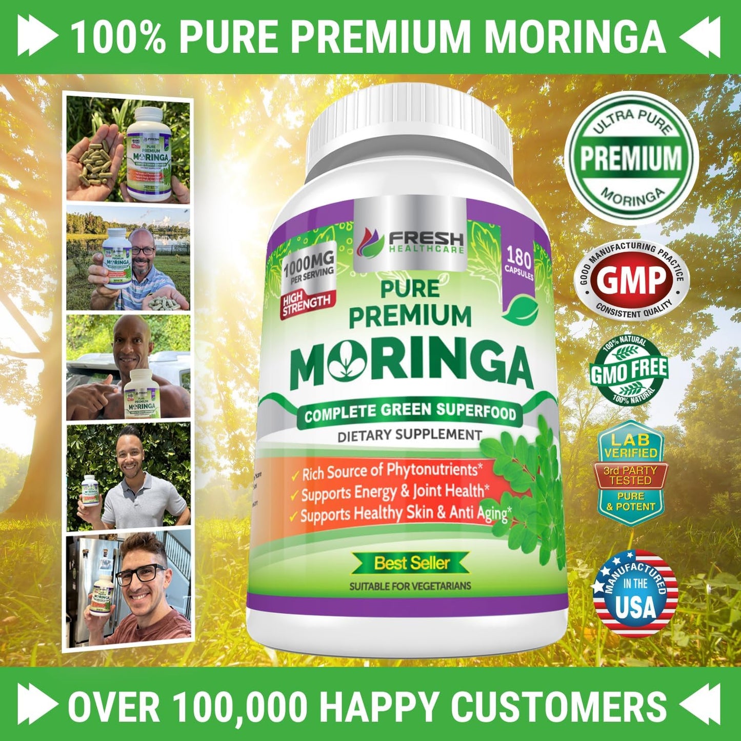 Fresh Healthcare Moringa Capsules Pure Leaf Powder Non-GMO 180 Count