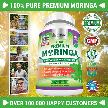 Fresh Healthcare Moringa Capsules Pure Leaf Powder Non-GMO 180 Count