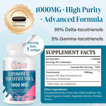 Liposomal Tocotrienols Vitamin E 1000 mg 95% Delta 5% Gamma Softgels 60 Count