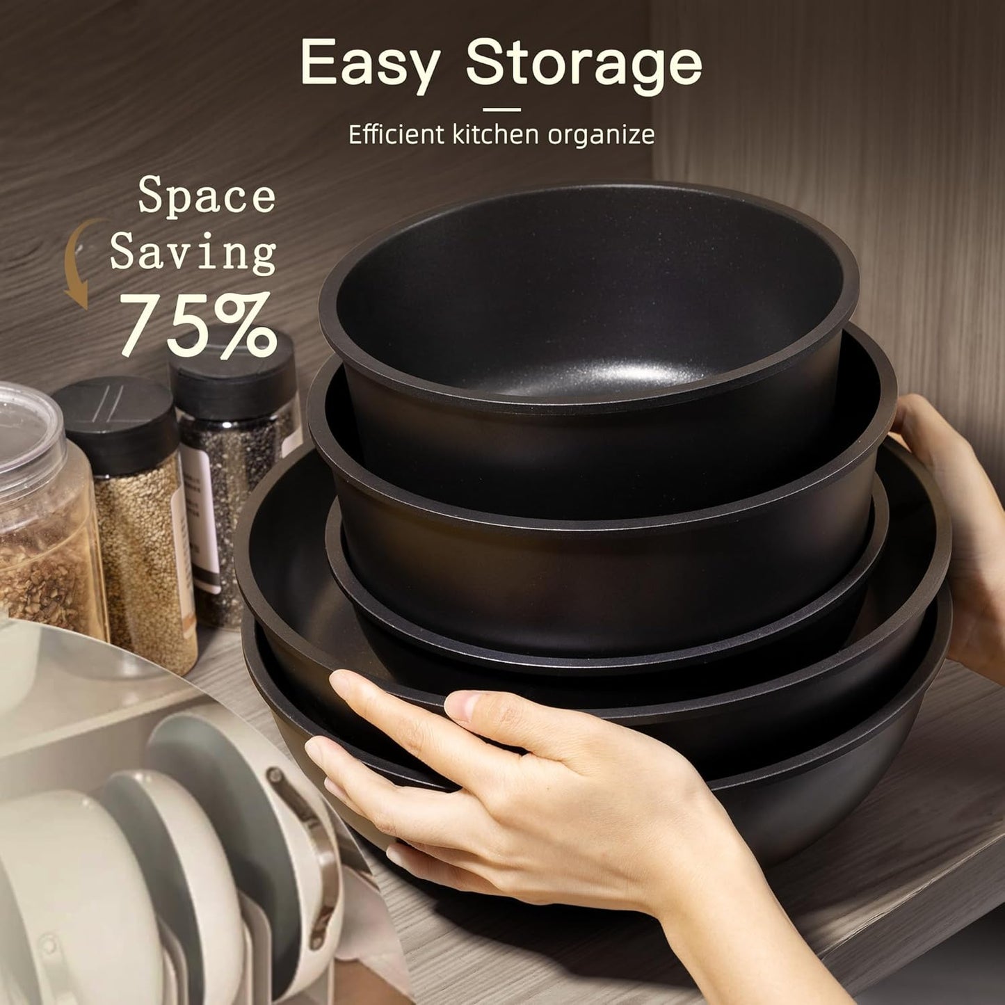 Astercook Non Stick Ceramic Cookware Set with Detachable Handle 21 Piece Black