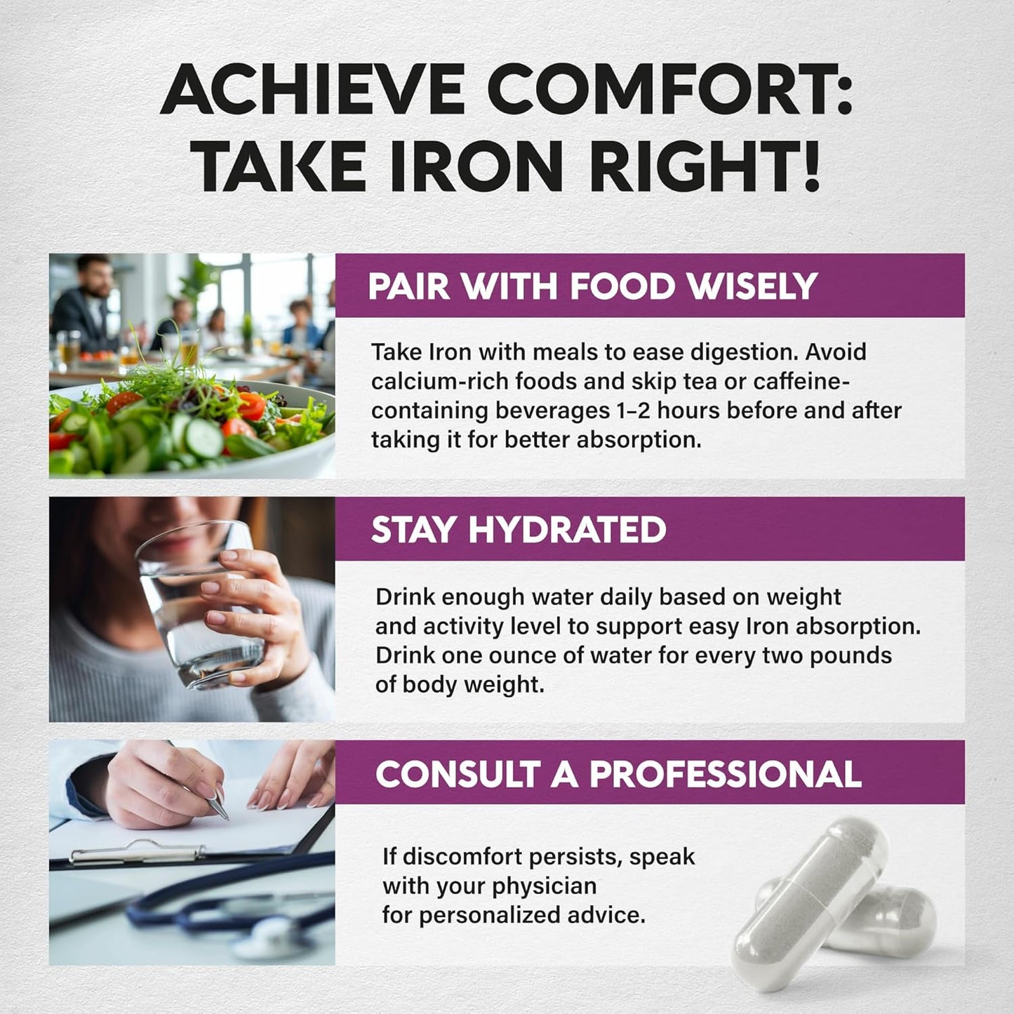 Iron Supplement for Women 65 mg with Vitamin C D3 B6 B12 and Folate 60 Capsules