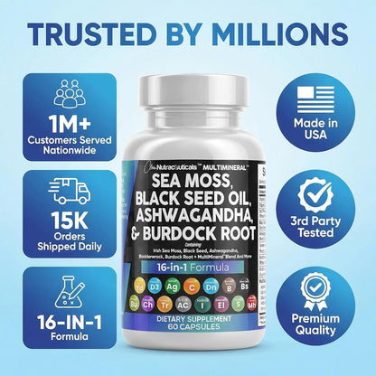 Clean Nutraceuticals Sea Moss & Herbal Supplement with Vitamins C D3 Elderberry 60 Count