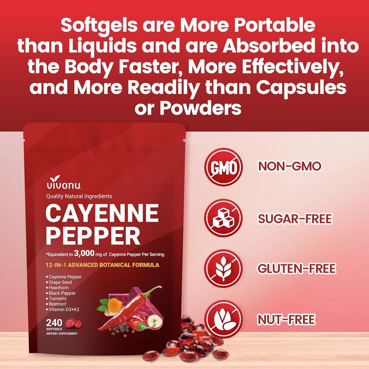 VivoNu Cayenne Pepper Softgels Vitamin E D3 K2 Grape Seed Hawthorn Beetroot Berberine