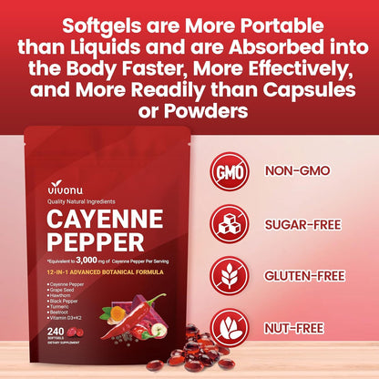 VivoNu Cayenne Pepper Softgels Vitamin E D3 K2 Grape Seed Hawthorn Beetroot Berberine