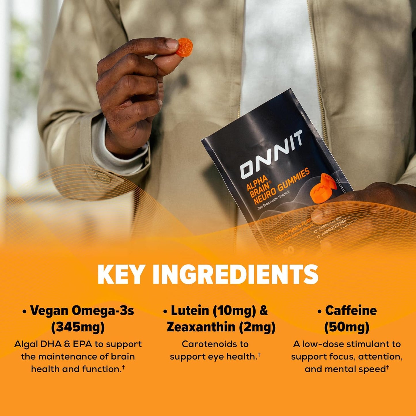 ONNIT Alpha Brain Neuro Focus Gummies Omega 3 Lutein Zeaxanthin Caffeine Citrus 90 Count