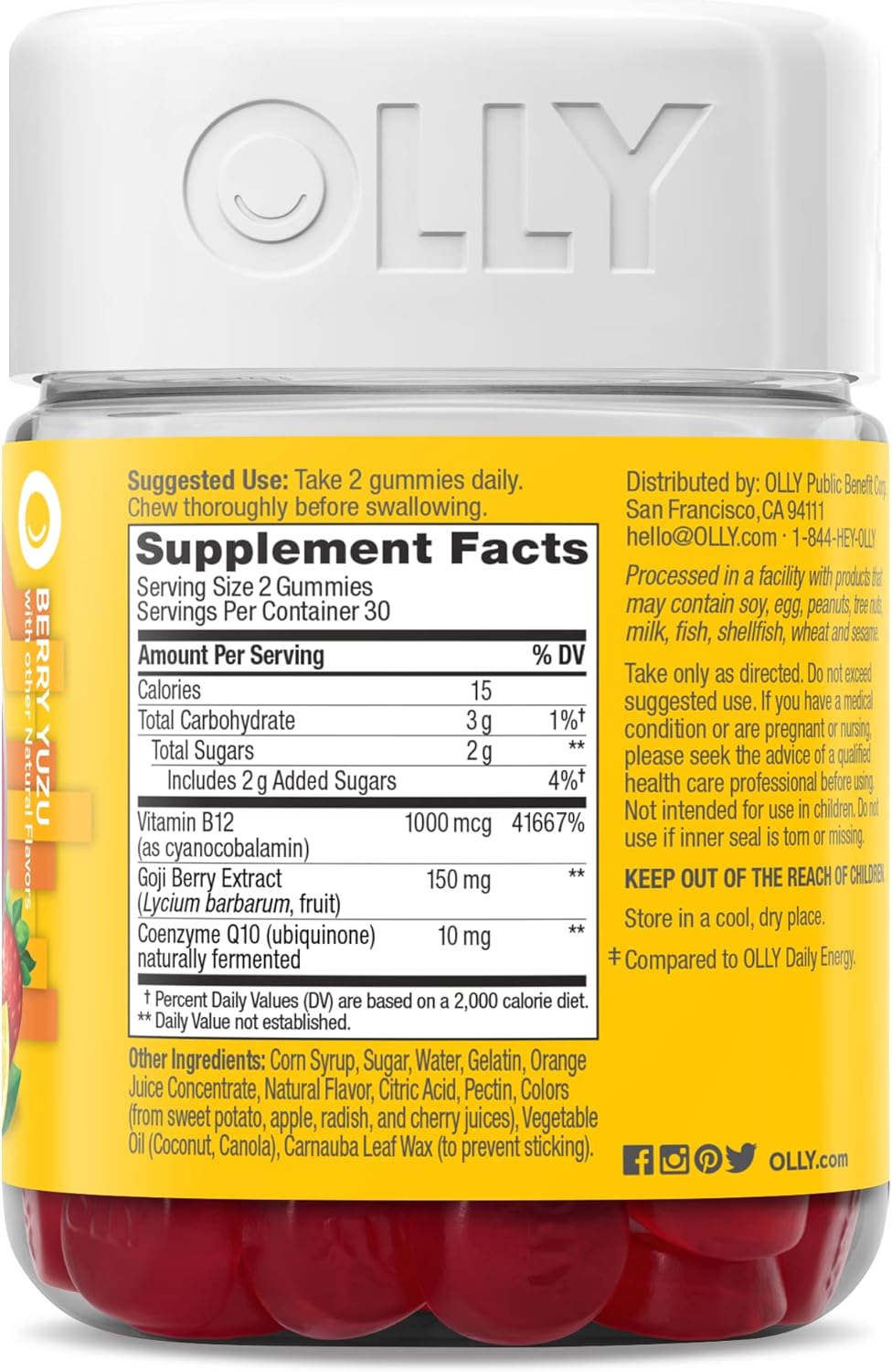 OLLY Daily Energy Gummies Vitamin B12 CoQ10 Goji Berry Berry Yuzu 60 Count