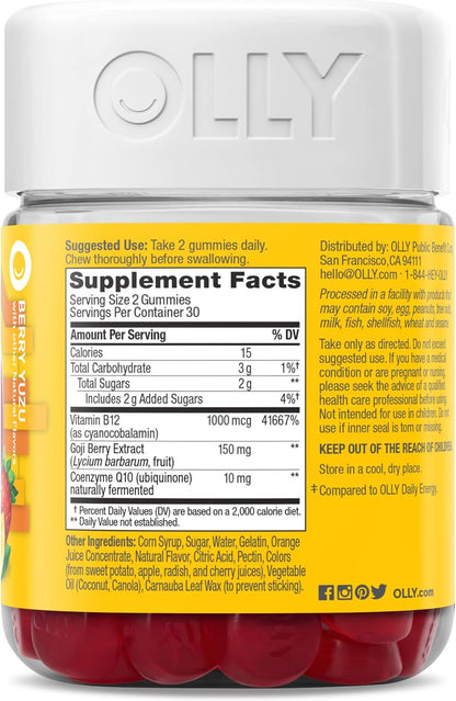 OLLY Daily Energy Gummies Vitamin B12 CoQ10 Goji Berry Berry Yuzu 60 Count