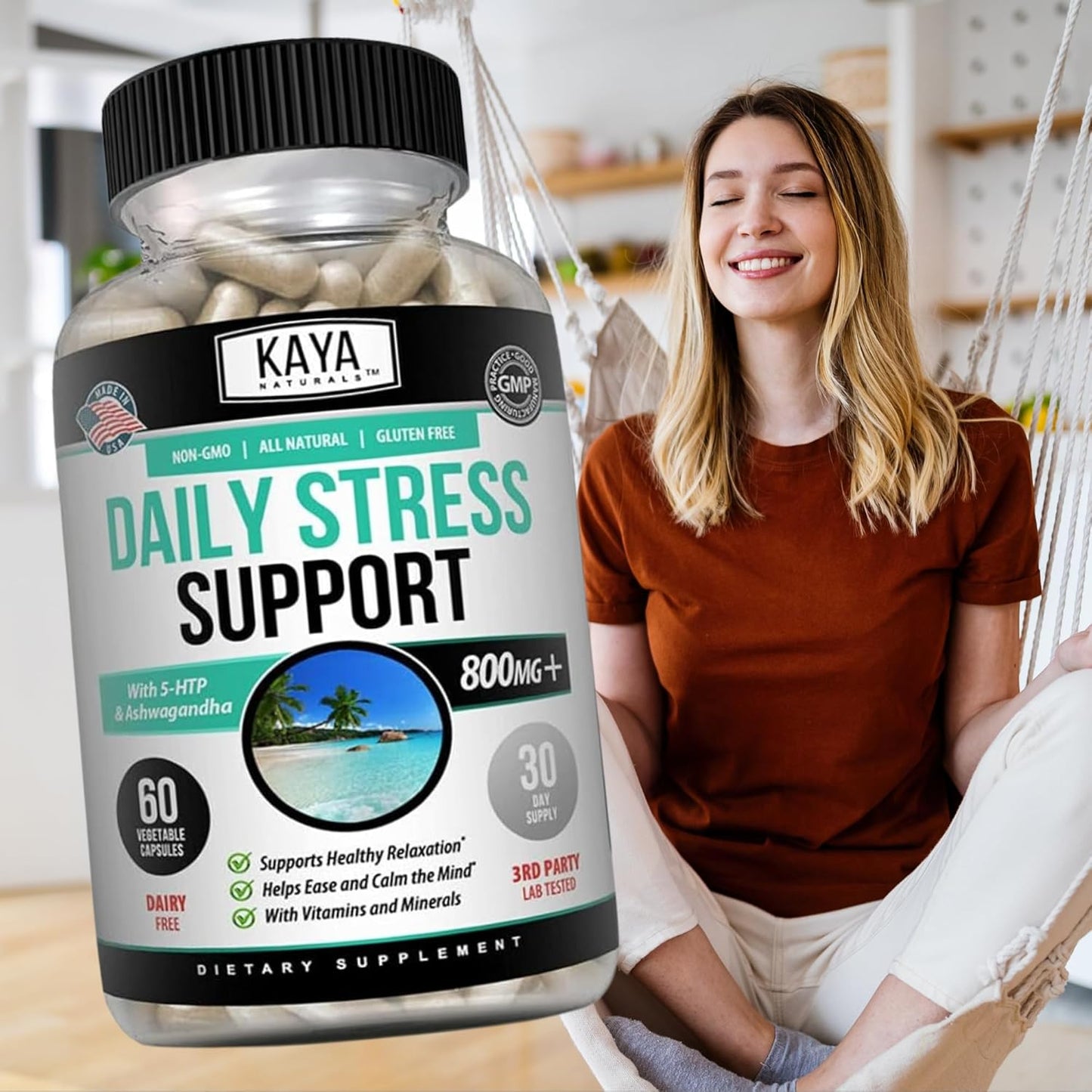 Kaya Naturals Herbal Stress Support Capsules Mood Calm Relax 60 Count