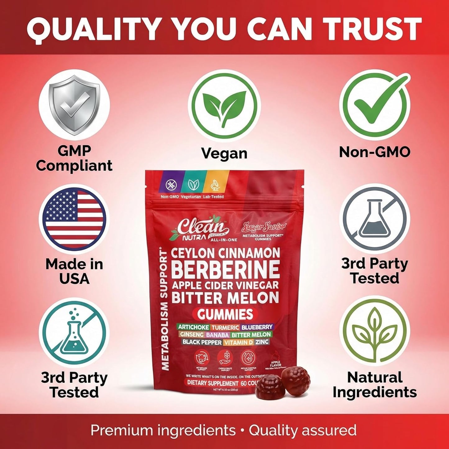 Sugar Savior Berberine Cinnamon ACV Gummies Turmeric Ginseng Vitamins 60 Count