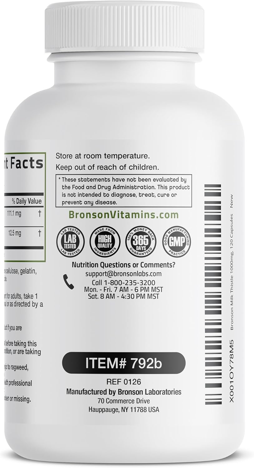 Bronson Milk Thistle & Dandelion Extract Capsules – Silymarin Liver Support Supplement, 120 Count