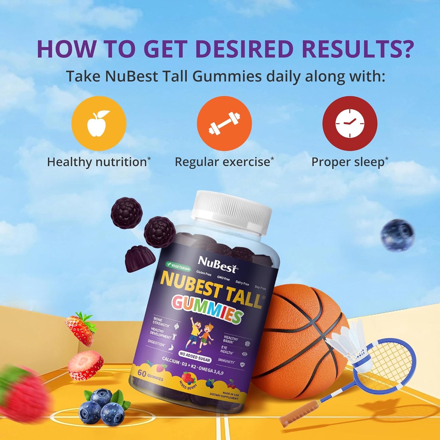 NuBest Tall Kids Gummies Calcium Vitamin D3 K2 Magnesium Zinc B Complex Berry Flavor