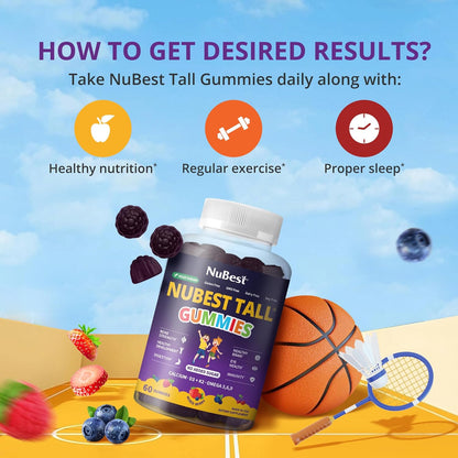 NuBest Tall Kids Gummies Calcium Vitamin D3 K2 Magnesium Zinc B Complex Berry Flavor