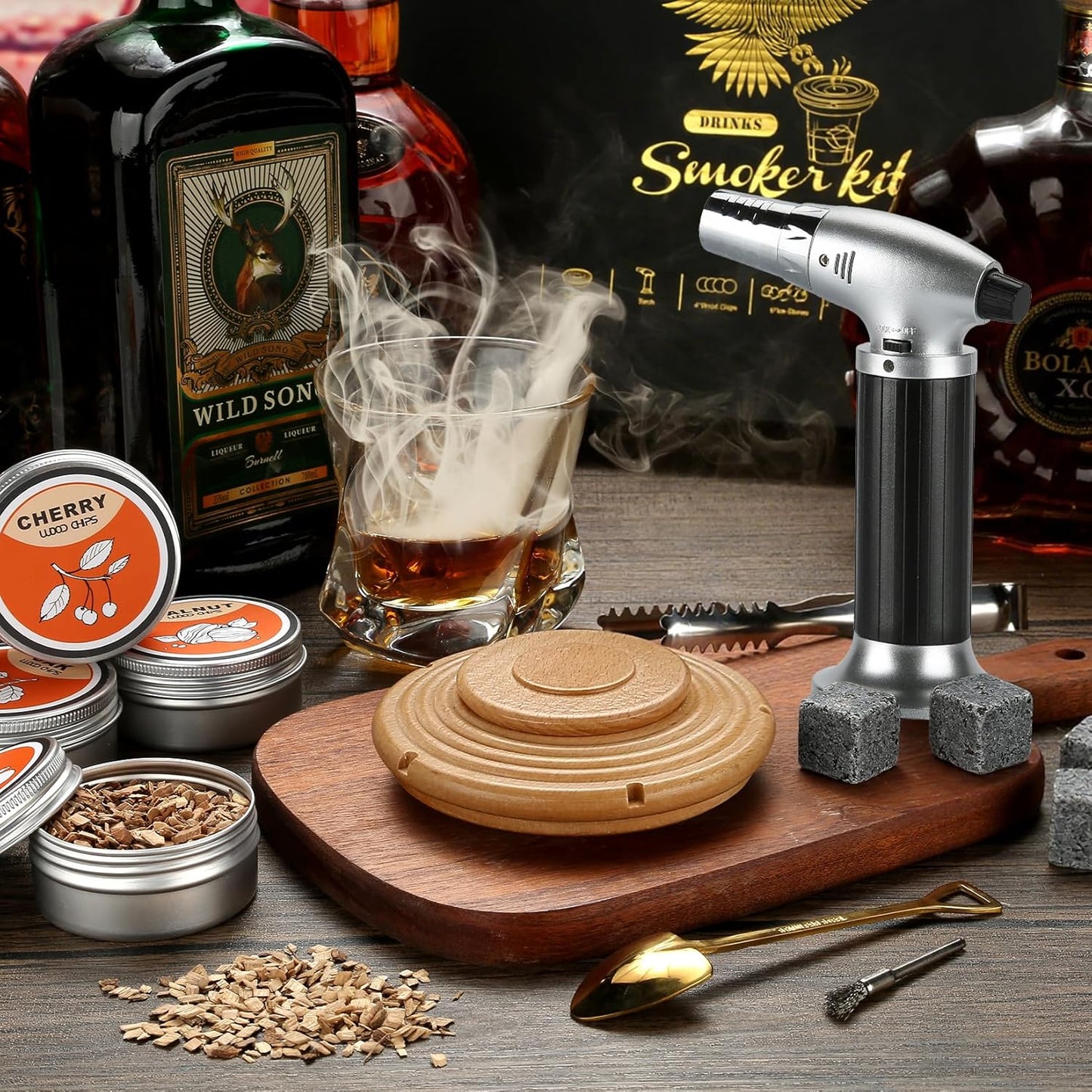 Cocktail Smoker Kit with Torch and Whiskey Stones Beech Wood Set