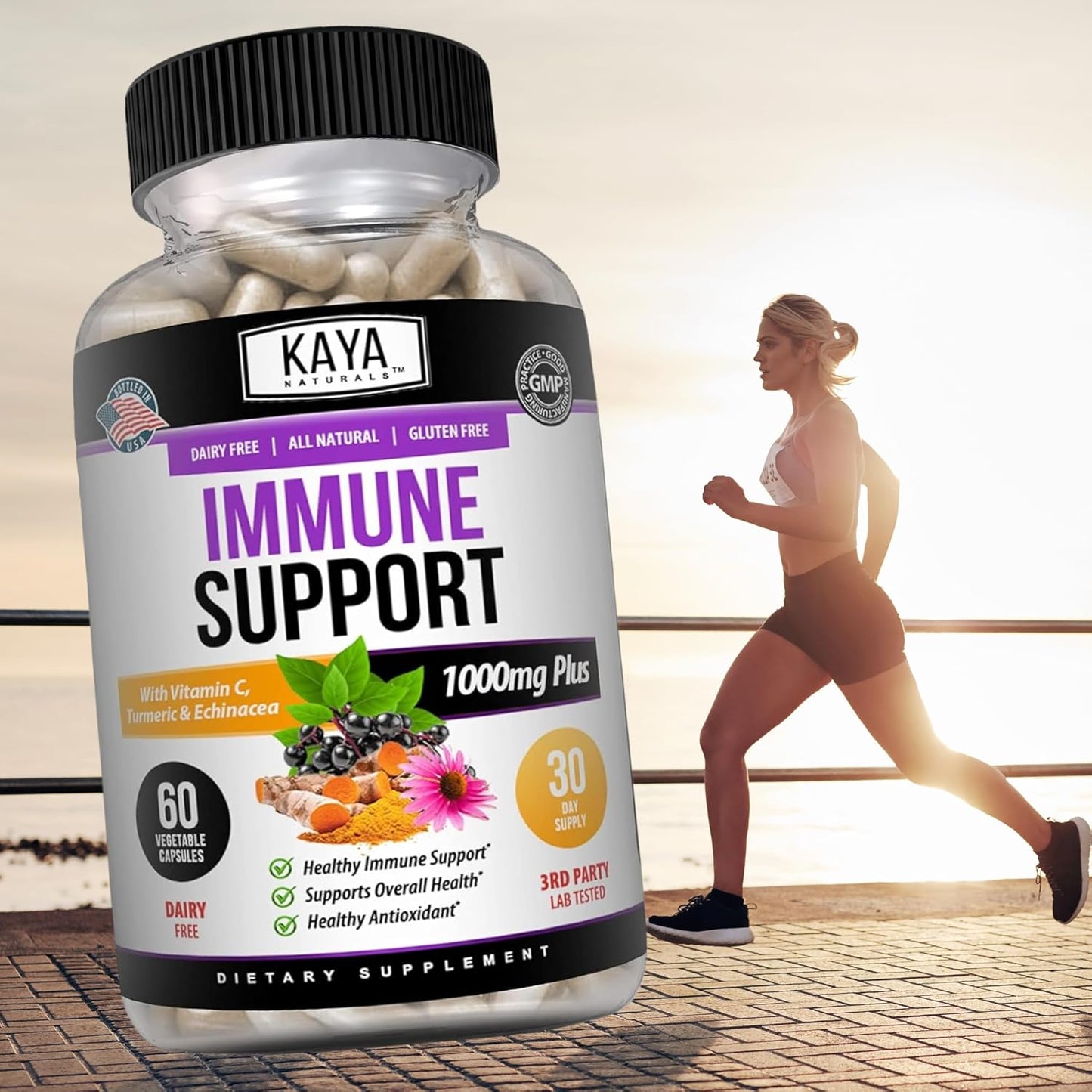 Kaya Naturals Elderberry Capsules Zinc Vitamin C Probiotics Turmeric 60 Count