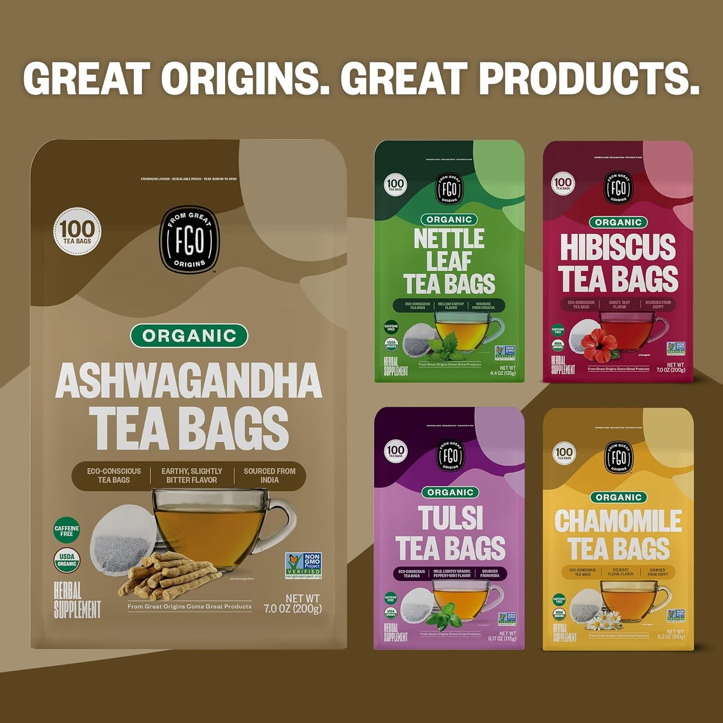 FGO Organic Ashwagandha Tea Bags Caffeine Free 100 Count