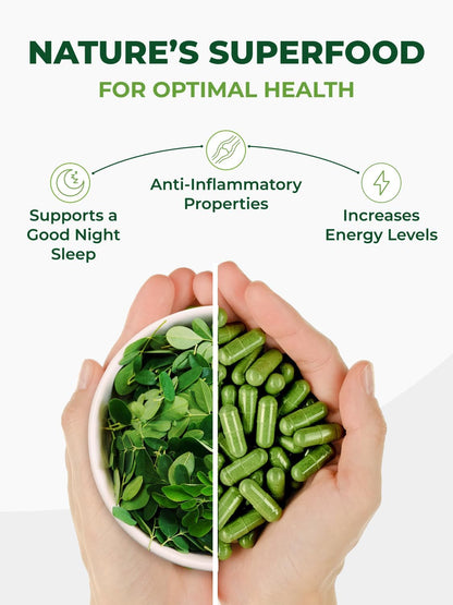 PURA VIDA MORINGA Organic Moringa Capsules 500mg – Pure Leaf Powder for Energy & Wellness Support, 120 Capsules