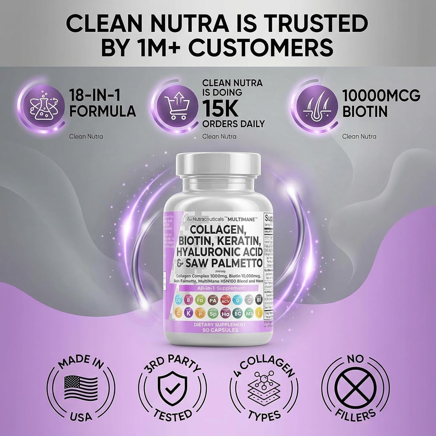 Clean Nutraceuticals Collagen Biotin Keratin Hair Skin Nails 90 Capsules