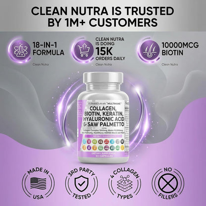 Clean Nutraceuticals Collagen Biotin Keratin Hair Skin Nails 90 Capsules