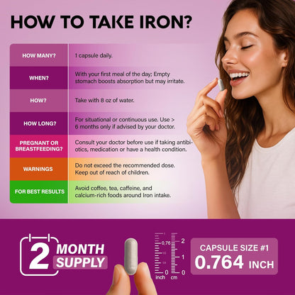 Iron Supplement for Women 65 mg with Vitamin C D3 B6 B12 and Folate 60 Capsules