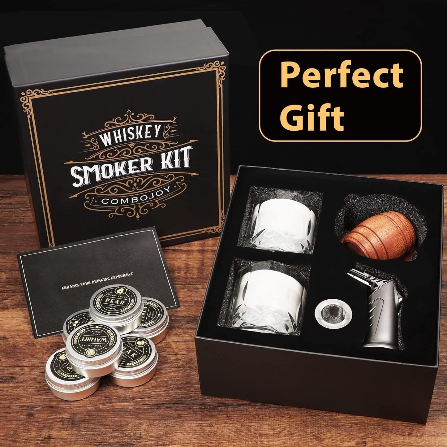 Whiskey Smoker Kit with Torch Wood Chip Flavors Glasses Ice Molds Set
