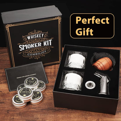Whiskey Smoker Kit with Torch Wood Chip Flavors Glasses Ice Molds Set