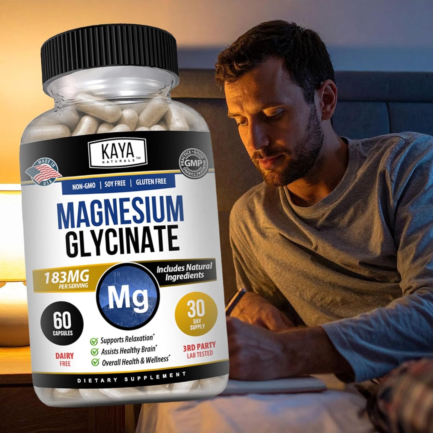 Kaya Naturals Magnesium Glycinate 183 mg Non-GMO Gluten-Free 60 Capsules