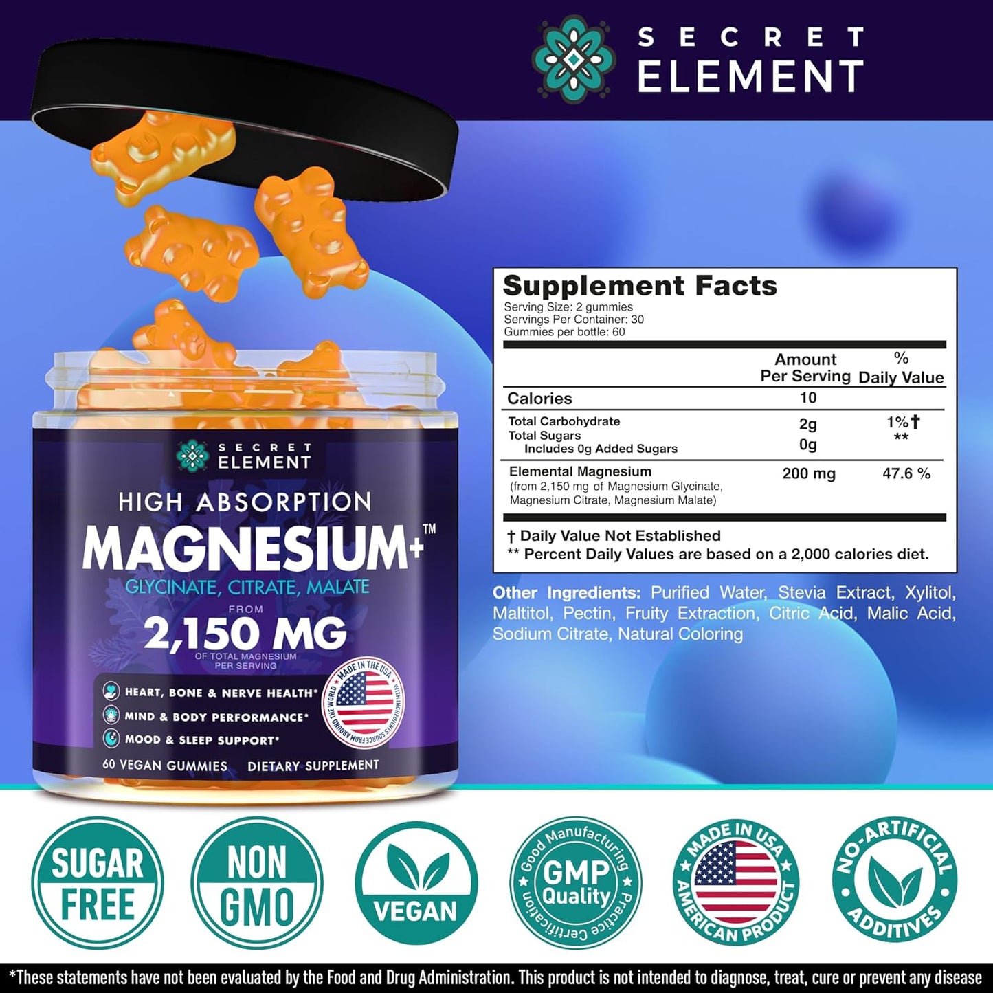 Magnesium Glycinate Citrate Malate Gummies 2150 mg Sugar Free Vegan Orange 60 Chews
