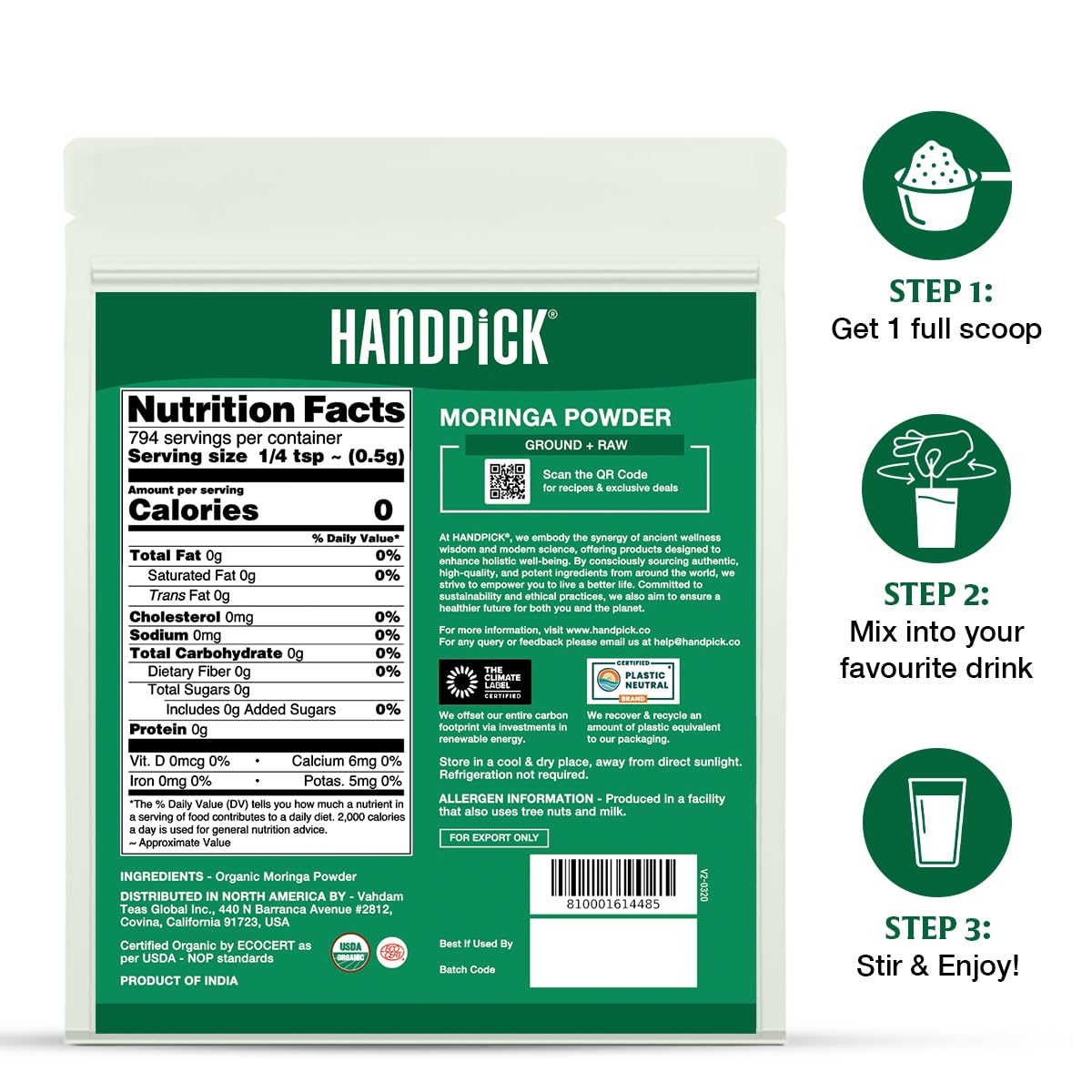 HANDPICK Organic Moringa Powder 397g Pure Leaf Gluten Free Non-GMO