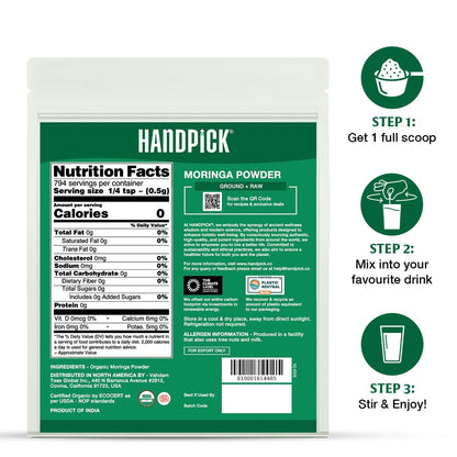 HANDPICK Organic Moringa Powder 397g Pure Leaf Gluten Free Non-GMO