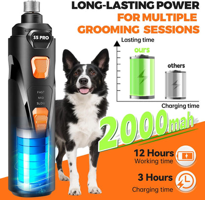 Rechargeable Dog Nail Grinder with LED Light – 3 Speeds, 3 Grinding Bits, Pet Nail Trimmer