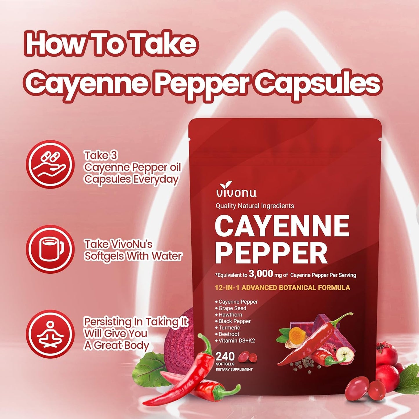 VivoNu Cayenne Pepper Softgels Vitamin E D3 K2 Grape Seed Hawthorn Beetroot Berberine