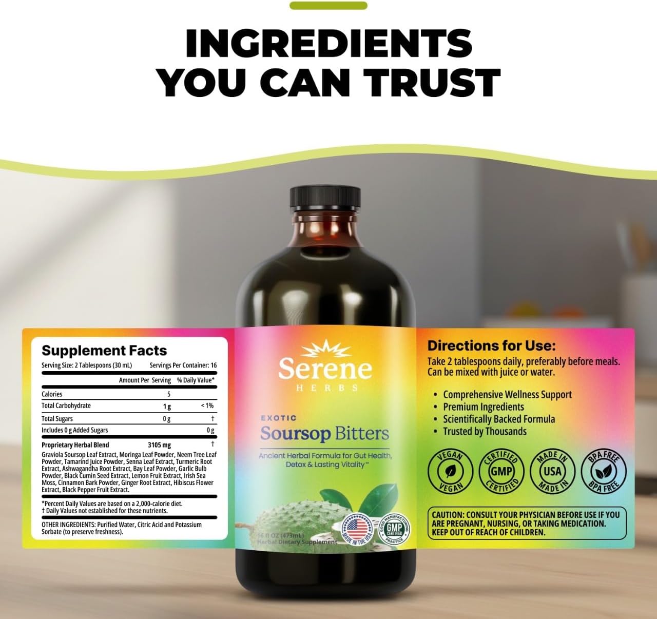 Serene Herbs Soursop Bitters Liquid with Black Seed & Moringa 16 fl oz