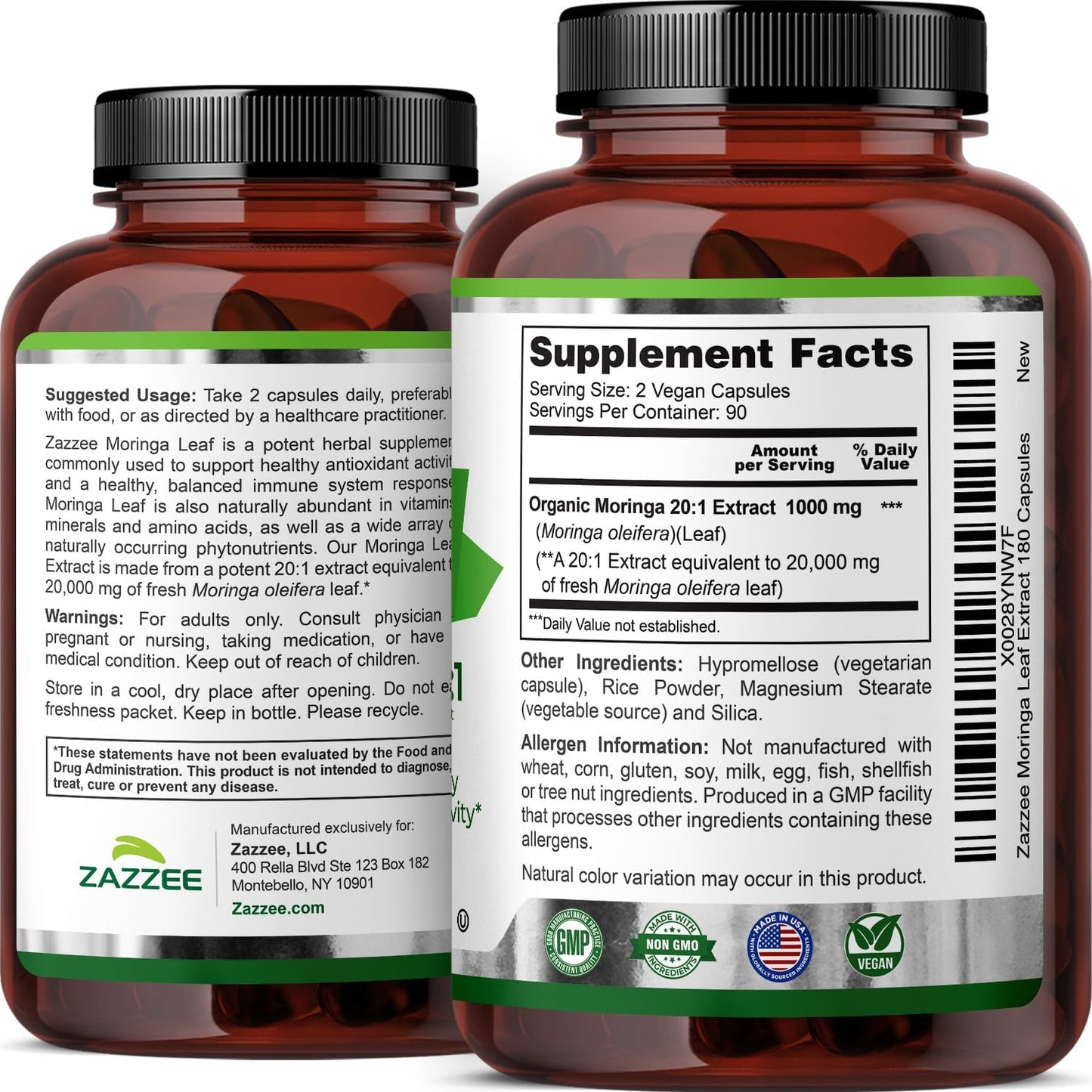 Zazzee Organic Moringa 20:1 Extract Vegan Capsules Kosher 180 Count