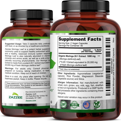 Zazzee Organic Moringa 20:1 Extract Vegan Capsules Kosher 180 Count