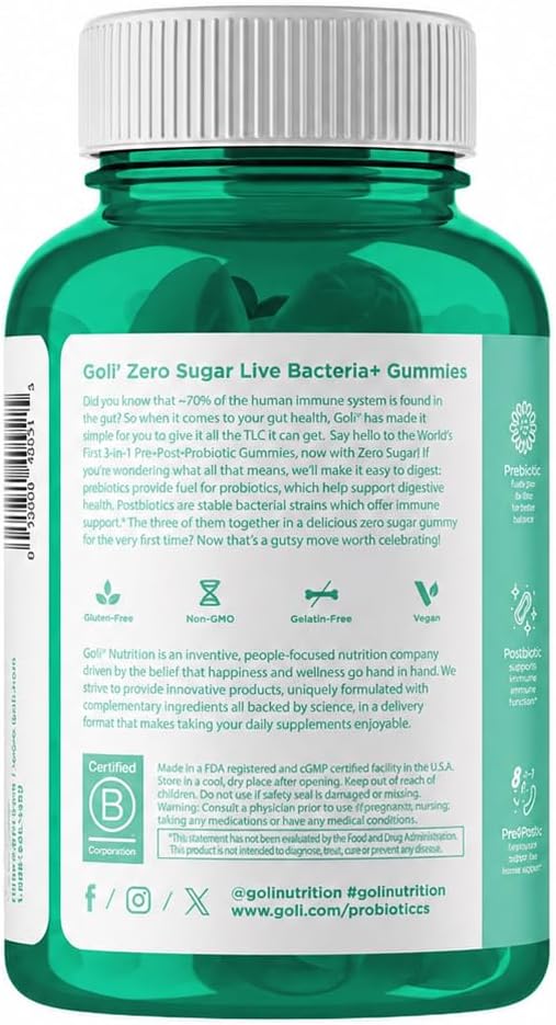 Goli Zero Sugar Pre Pro Postbiotic Gummies with DE111 XOS & MCC1849 Vegan
