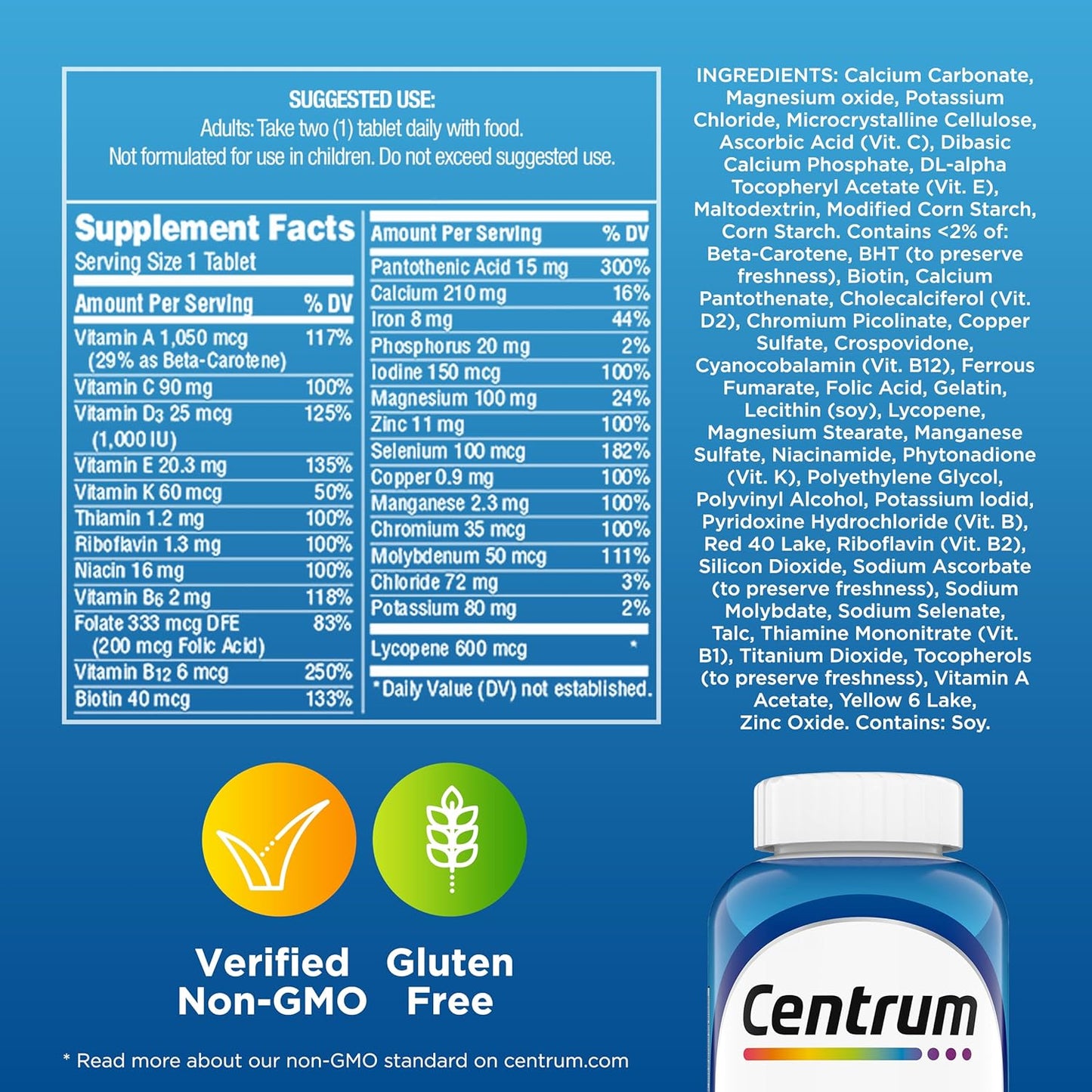 Centrum Men’s Multivitamin Multimineral Tablets with Vitamin D3 and B Vitamins 250 Count