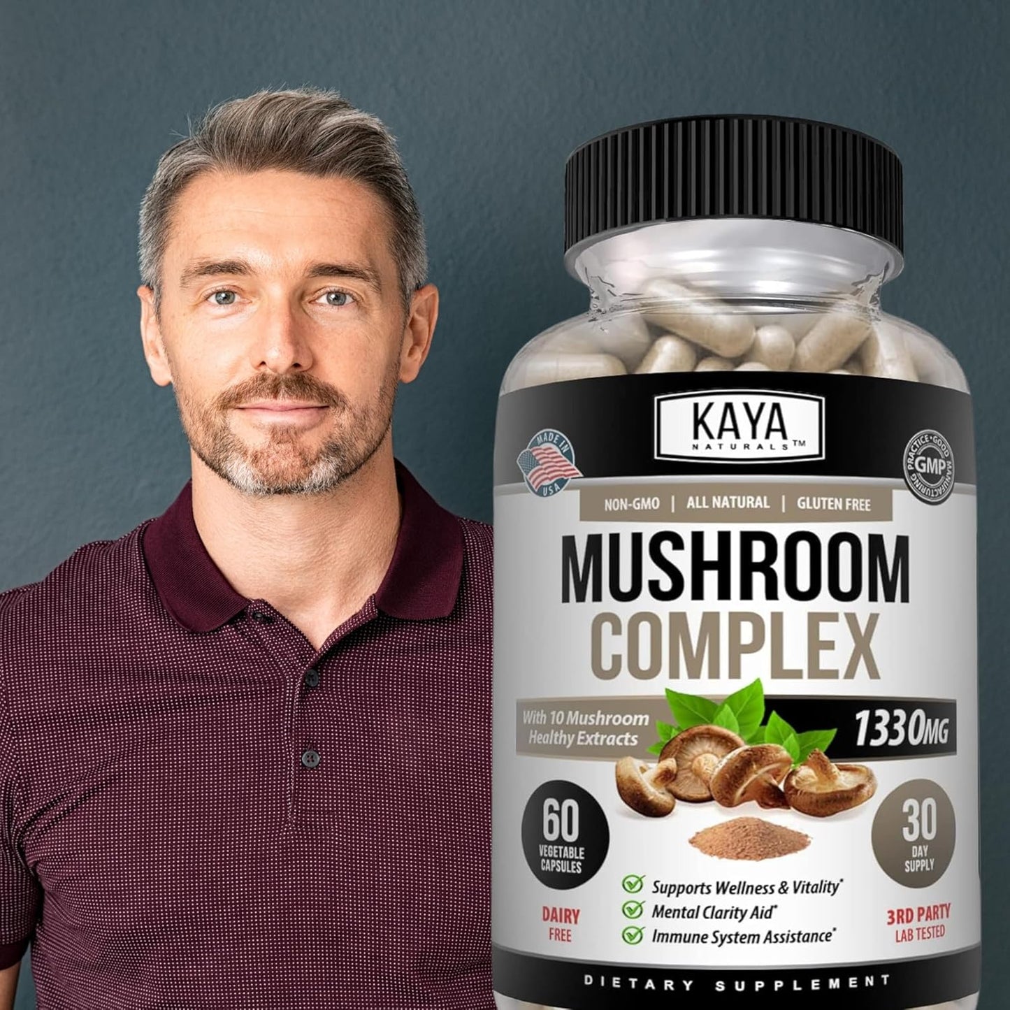 Kaya Naturals Mushroom Complex Capsules 1330 mg Per Serving 60 Count