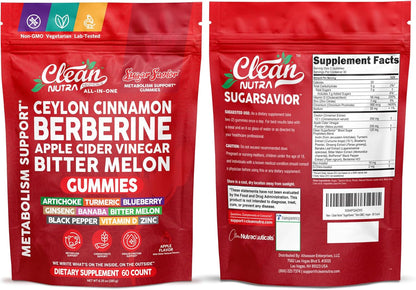 Sugar Savior Berberine Cinnamon ACV Gummies Turmeric Ginseng Vitamins 60 Count