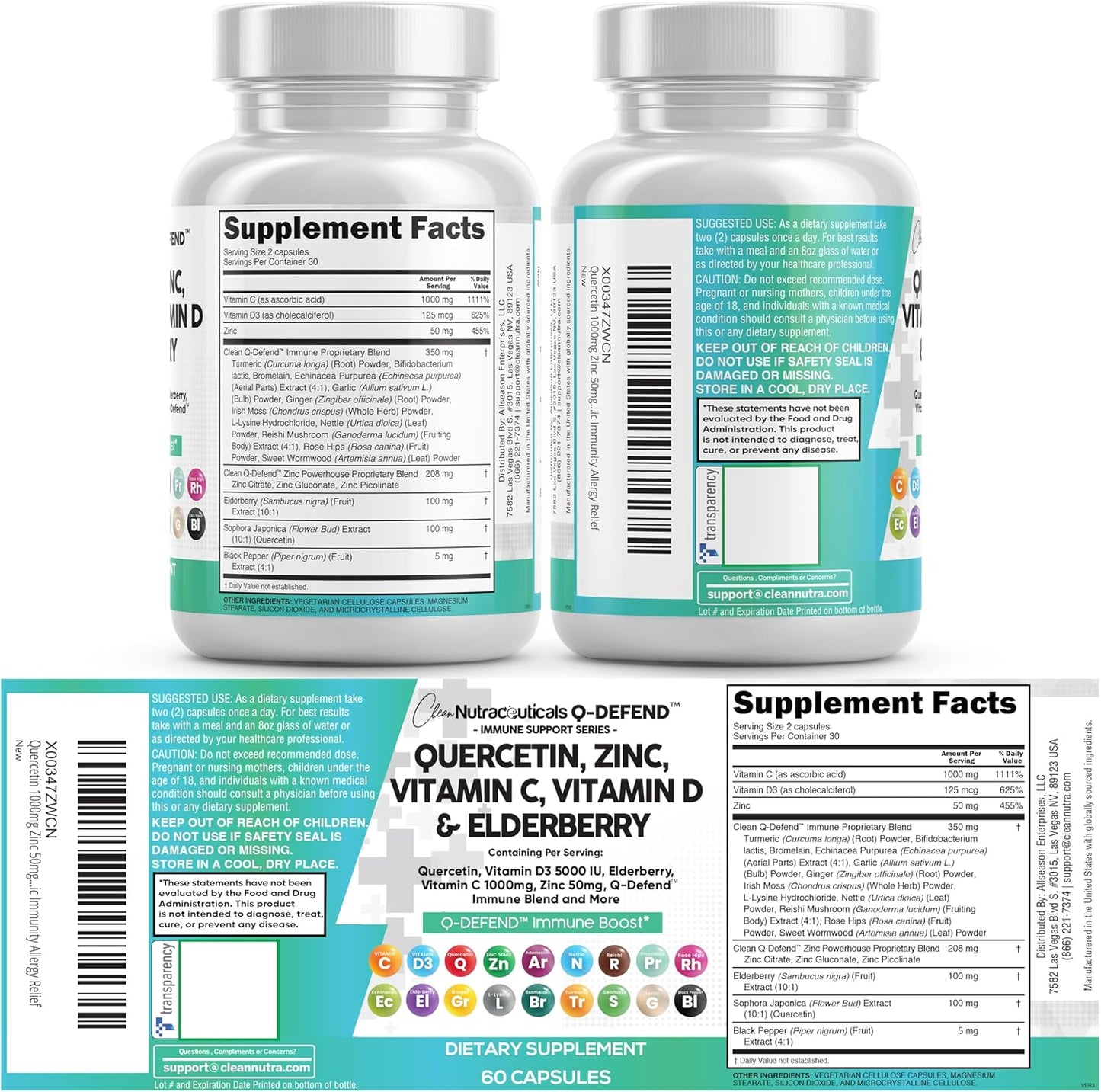 Q Defend Quercetin Capsules Zinc Vitamin C D Elderberry Blend 60 Count