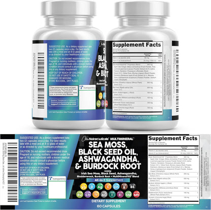 Clean Nutraceuticals Sea Moss & Herbal Supplement with Vitamins C D3 Elderberry 60 Count