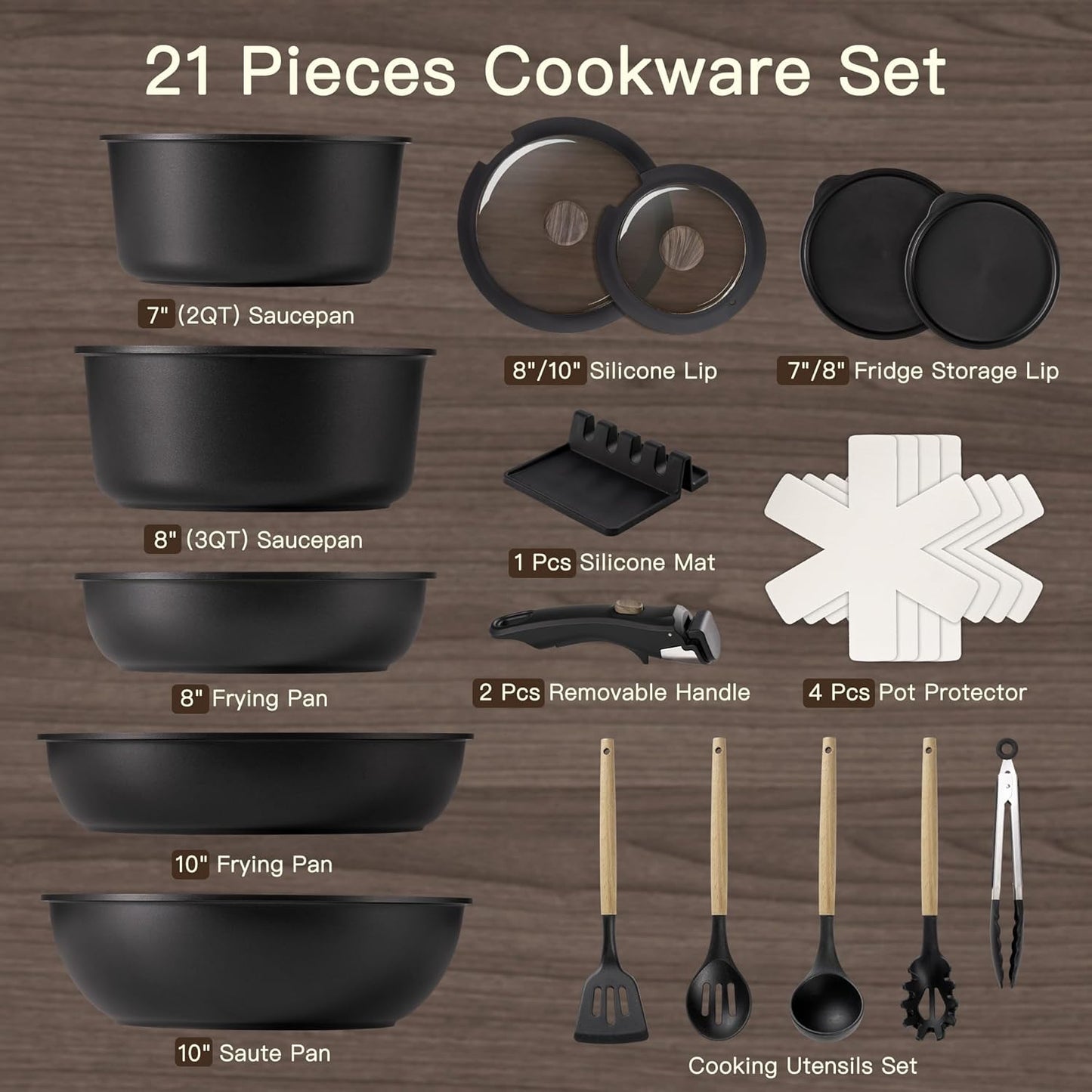 Astercook Non Stick Ceramic Cookware Set with Detachable Handle 21 Piece Black