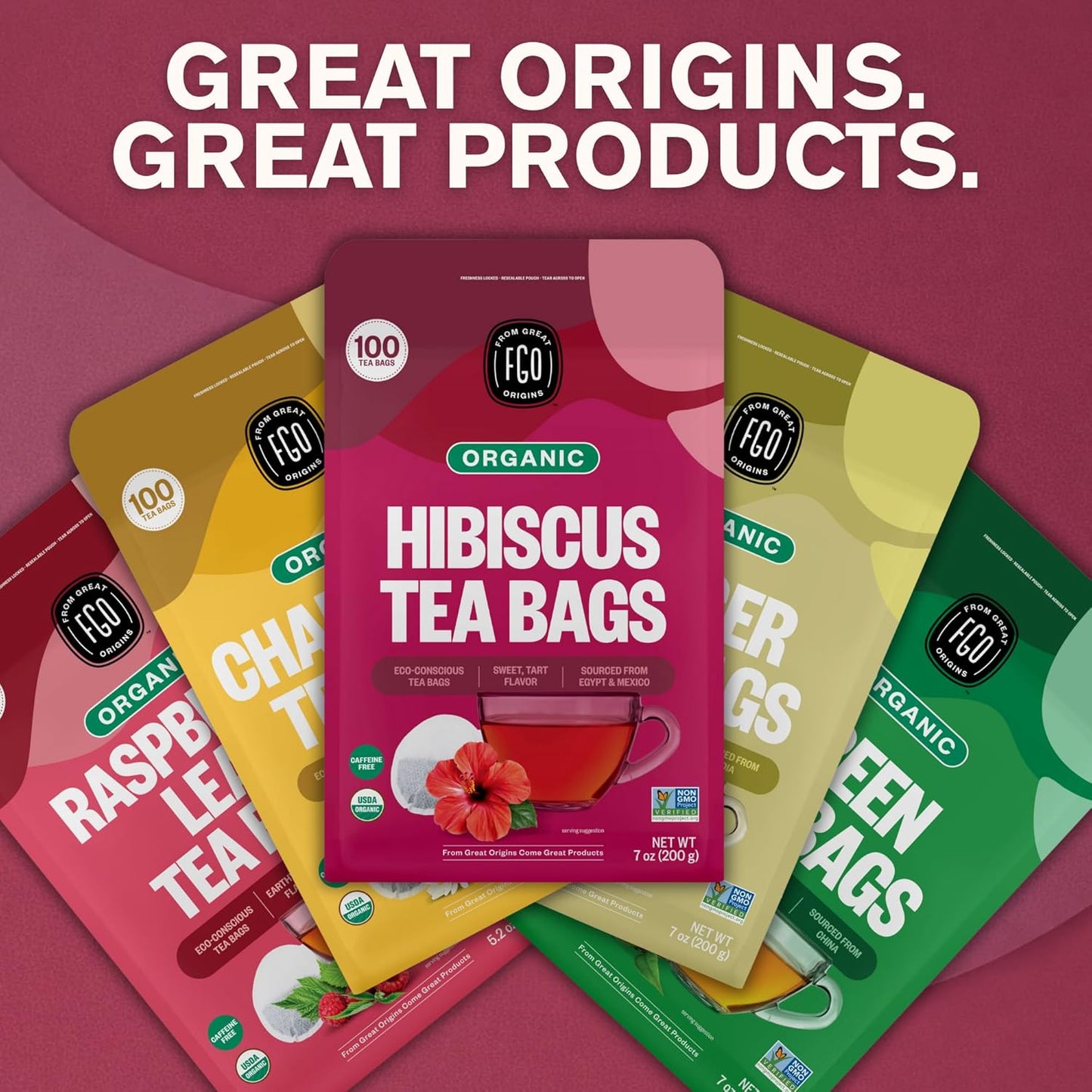 FGO Organic Hibiscus Tea Bags Caffeine Free 100 Count