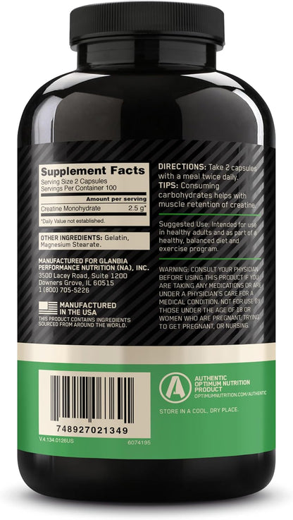 Optimum Nutrition Micronized Creatine Monohydrate Capsules 200 Count 100 Servings