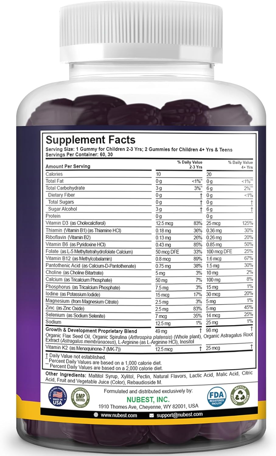 NuBest Tall Kids Gummies Calcium Vitamin D3 K2 Magnesium Zinc B Complex Berry Flavor