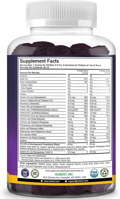 NuBest Tall Kids Gummies Calcium Vitamin D3 K2 Magnesium Zinc B Complex Berry Flavor
