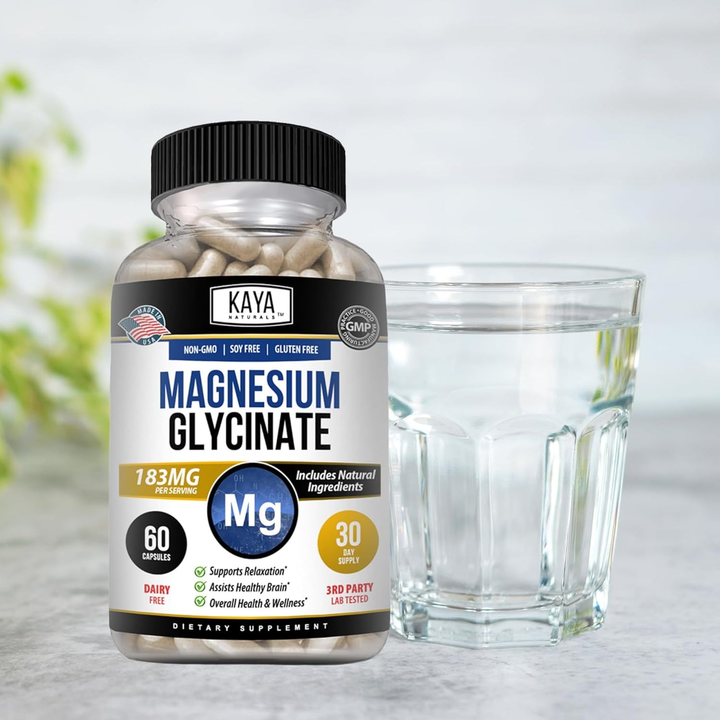 Kaya Naturals Magnesium Glycinate 183 mg Non-GMO Gluten-Free 60 Capsules