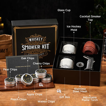 Whiskey Smoker Kit with Torch Wood Chip Flavors Glasses Ice Molds Set