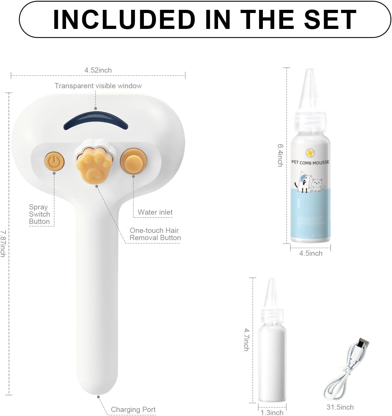 Pet Steam Brush 3-in-1 Hair Removal Comb for Dogs & Cats with Waterless Shampoo
