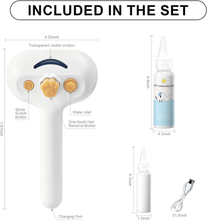 Pet Steam Brush 3-in-1 Hair Removal Comb for Dogs & Cats with Waterless Shampoo